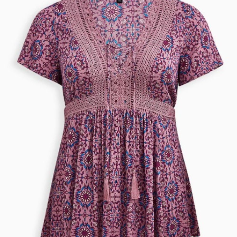 Torrid MAUVE PRINT CRINKLE GAUZE LACE UP BABYDOLL TOP 2 2x
